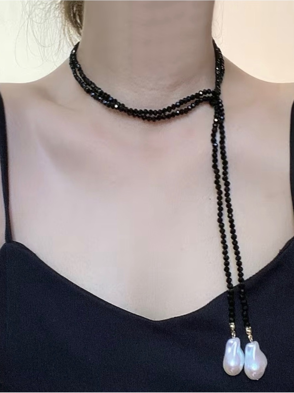 Anthropologie Timeless Beaded Necklace Black Onyx Simulant Pearl Drop NWOT